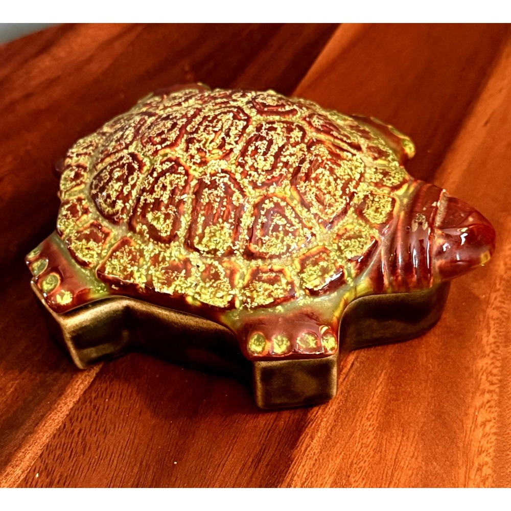 Vintage Ceramic Pottery Lidded Turtle Candy Dish/Trinket Box Speckled Signed